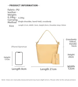 Dimensions détaillées et échelle du sac seau jaune grainé avec sa petite pochette assortie