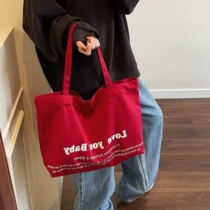 Red large capacity canvas tote bag with Love you Baby print for casual daily wear