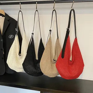 Fashionable woven hollow tote bag with leather straps in four colors for summer