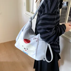 Sac à épaule bleu clair avec motif chien mignon en similicuir à grande capacité pour femme