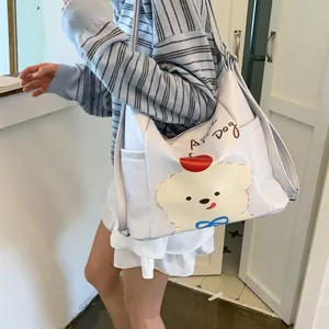 Grand sac fourre-tout blanc avec illustration de chien mignon et poche latérale