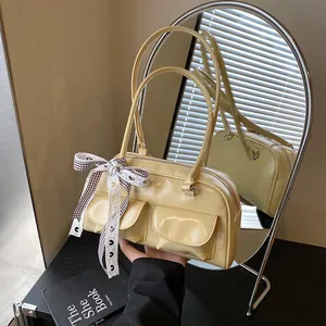 Dames Retro PU Leren Schoudertas Effen Kleur Boston Tas Met Satijnen Strik Vintage Onderarm Handtas Voor Dagelijks Feest