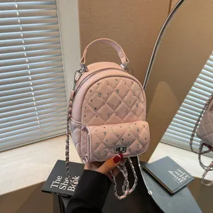 Women Mini Quilted Rhinestone Backpack Sweet PU Leather Metal Chain Shoulder Crossbody Bag Fashion Korean Style Handbag