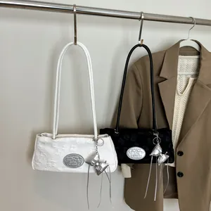 Chic jacquard underarm bags in black and white with metal logo and silver bow charms