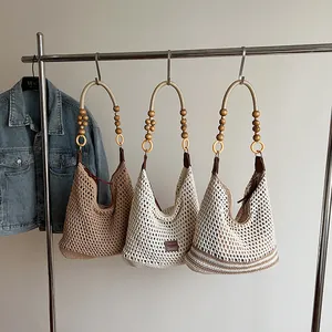 Summer hollow knit tote bag with bohemian wooden bead handles in various colors