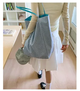 Detailed view of the large capacity blue gingham canvas tote bag in a casual lifestyle setting