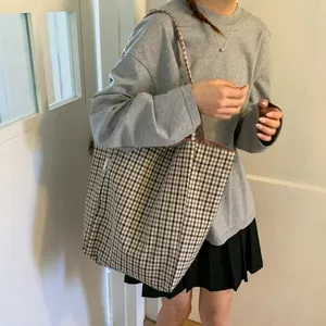 Women Large Capacity Canvas Tote Bag Reversible Gingham Letter Print Casual Shoulder Bag Korean Style Handbag For Commuting