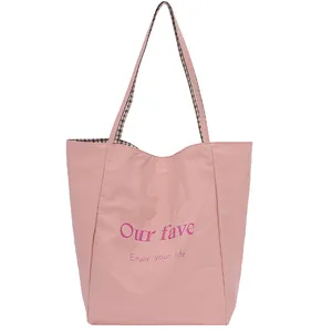 Pink tote bag with large letter print and plaid straps for women everyday casual use
