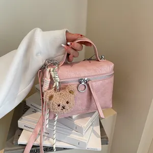 Women Crinkled PU Leather Small Handbag Boxy Crossbody Bag With Bear Charm Ring Zipper Shoulder Bag Daily Fashion Accessory
