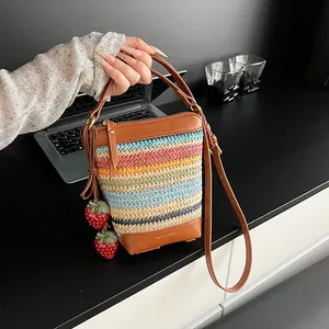 Fashion Women Straw Woven Bucket Bag Rainbow Striped Shoulder Crossbody Bag With Strawberry Charm PU Leather Patchwork Bag