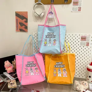 Grand sac cabas en toile polyvalent avec motifs de dessins animés et slogan mignon