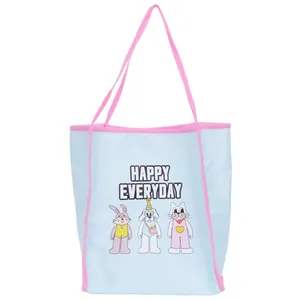 Sac fourre-tout en toile bleu clair avec animaux mignons et imprimé Happy Everyday