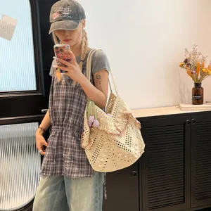 Handmade Crochet Woven Straw Tote Bag For Women Large Capacity Hollow Out Ruffle Shoulder Bag With Tulip Flower Pendant