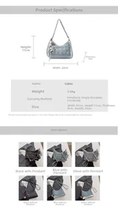 Size chart showing denim blue crossbody bag dimensions 22x17x8cm and three color options