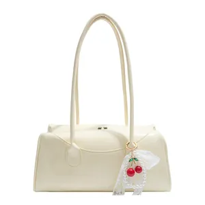 Chic cream white rectangle shoulder bag with elegant cherry pearl charm for women