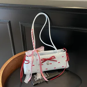 Borsa Sottobraccio Retrò Dolce Con Stampa a Fiocco Donna Borsa Baguette in Pelle PU Pizzo Nastro Ciondolo Cuore Borsa a Mano
