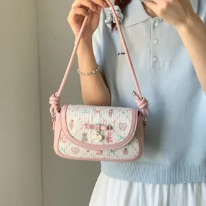Women Cute Cartoon Print Shoulder Bag Pink White PU Leather Small Square Crossbody Bag With Bow Heart Pendant Daily Bag