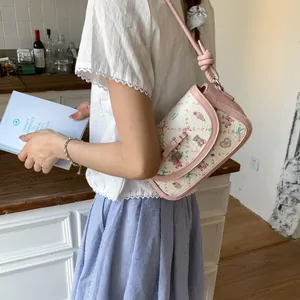 Floral crossbody small square bag with cute strawberry bear patterns and heart charm