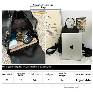 Detaillierte Größentabelle und Kapazitätsanzeige für den modischen schwarzen Lederrucksack