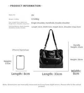 Detailed size specification chart of black PU leather handbag with metal chain straps