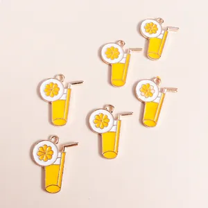 Set of 6 summer cold drink cup pendants with lemon slice and yellow juice for DIY jewelry