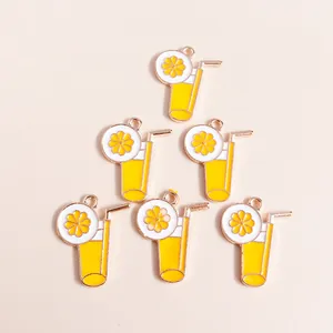 Set of 10 cartoon summer fruit juice cup pendants with yellow enamel and gold trim