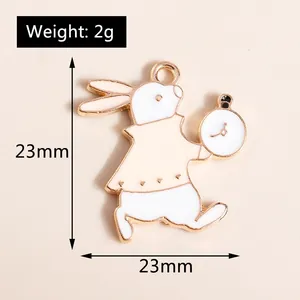 Detailed view of white rabbit enamel charm with clock, 23mm size for DIY jewelry