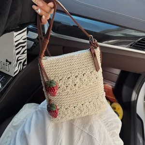 Women Woven Hollow Phone Bag French Vintage Crochet Crossbody Bag With Strawberry Charm Coarse Knit Shoulder Bucket Bag For Vacation