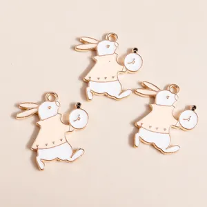 Three enamel rabbit pendants with pocket watches for DIY jewelry and necklaces