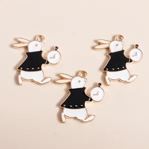 Running white rabbit enamel pendants with clock design for DIY jewelry making