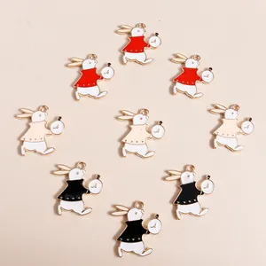 Enamel white rabbit charms holding pocket watch for DIY jewelry making 10pcs set