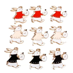 DIY rabbit charms with pocket watch in red, beige and black alloy for jewelry making
