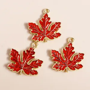 Three red enamel maple leaf pendants with gold veins for DIY jewelry making accessories