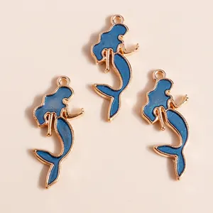 Blue glitter enamel mermaid pendants with gold-plated metal alloy for DIY jewelry