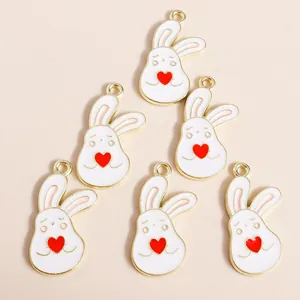 Set of 6 cute cartoon white rabbit alloy pendants with white enamel and red hearts