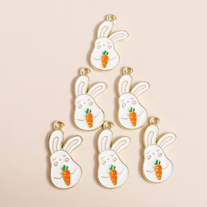 Cartoon white bunny with carrot alloy oil drip pendants for DIY jewelry making