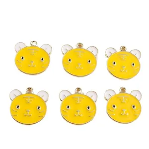 Set of 6 cute yellow enamel cartoon tiger charms with metal base for DIY jewelry making