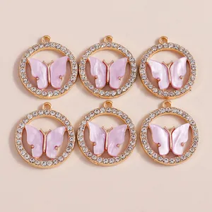 6er-Set goldene Schmetterling-Anhänger mit Strasssteinen und rosa Acryl-Inlay für DIY
