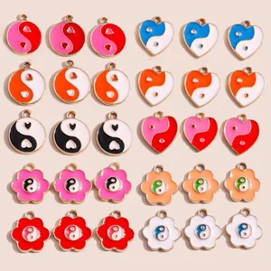 DIY Tai Chi Yin Yang heart-shaped enamel pendants with gold plating for jewelry making