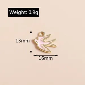 Pink enamel swallow bird alloy pendant for DIY jewelry, measuring 13mm by 16mm and 0.9g