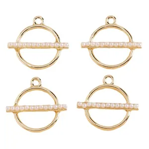 Set of 4 geometric gold-plated round pendants with mini pearls for DIY jewelry making