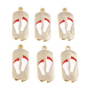 6 pieces of gold alloy cartoon footprint charms with red baby paw prints for DIY necklaces