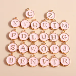 26Pcs pink enamel alphabet letter round pendants with gold finish for DIY jewelry making