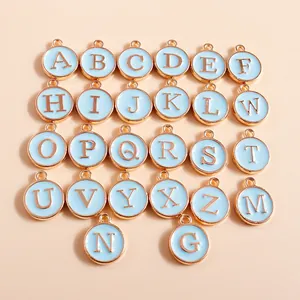 Set of 26 rose gold alphabet charms with light blue enamel finish for DIY jewelry