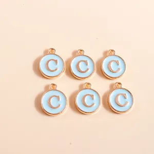 Set of six light blue enamel round alphabet C charms with gold plating for DIY jewelry