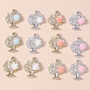 Zinklegierung Lebensbaum Rose Blume Charms Funkelnde Strass Anhänger Für Schmuckherstellung DIY Halsketten Armbänder Ohrringe Damen Accessoire