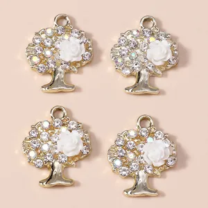 Lebensbaum-Anhänger in Gold mit weißer Harzrose und Strasssteinen für DIY-Schmucksets