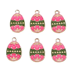 Pendentifs œufs de Pâques émaillés avec motifs floraux et bordure dorée pour bijoux DIY