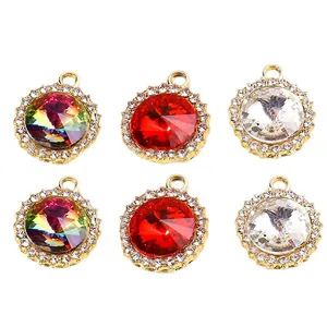 Pendentifs ronds luxueux en cristal avec micro-strass et finition dorée, pack de 10