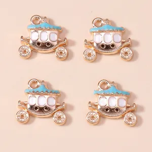 Golden cartoon pumpkin carriage charms with blue enamel finish for DIY jewelry making